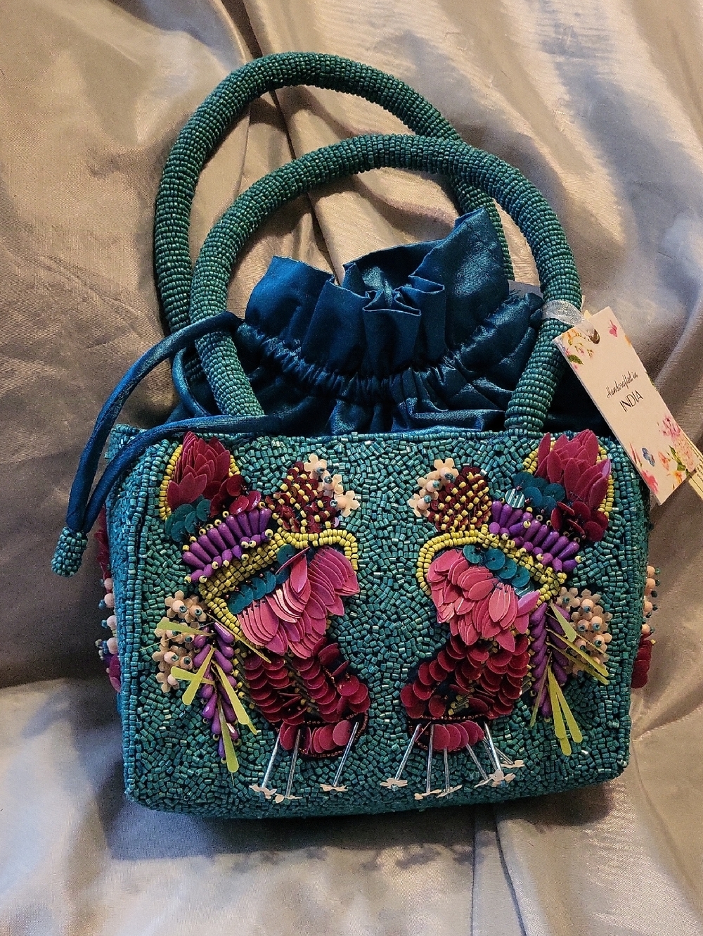 Handcrafted In India Turquoise Beaded Satchel Pink Flower Embellishment Ea